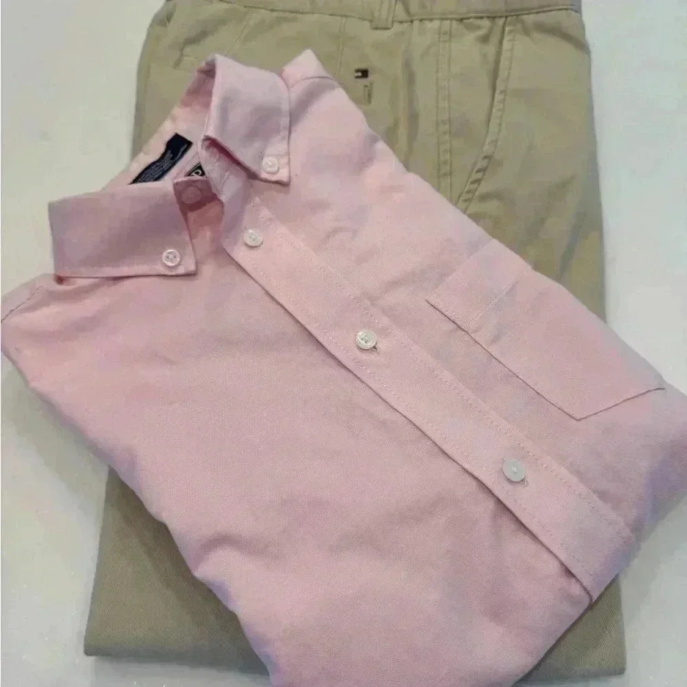 Boys 2 pcs outfit Izod button up shirt sz 14 & Tommy Hilfiger khaki sz 12